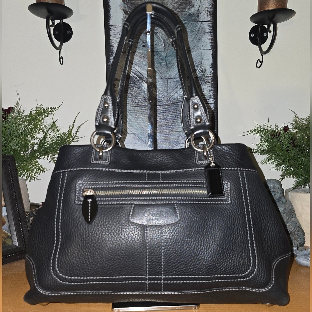 Coach Black Leather Satchel with White Contrast Stitching